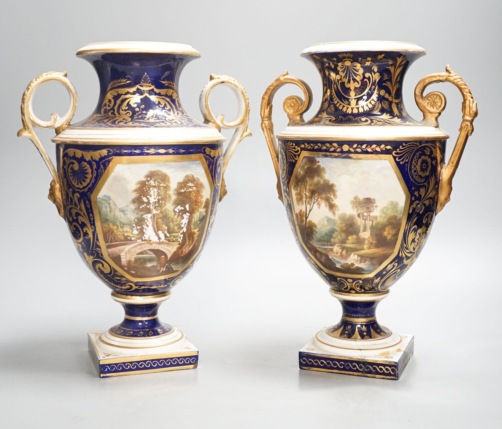 A pair of Derby two handled vases, early 19th century 29cm